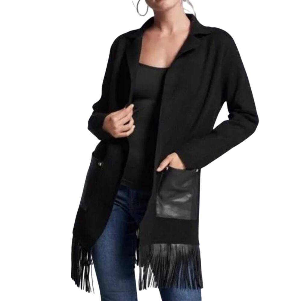 Venus Black Cardigan Duster withh faux leather Fringe and Pockets size Medium